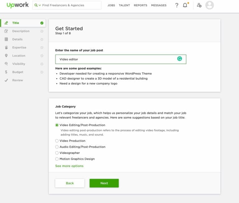 Hiring an editor on Upwork - Project title