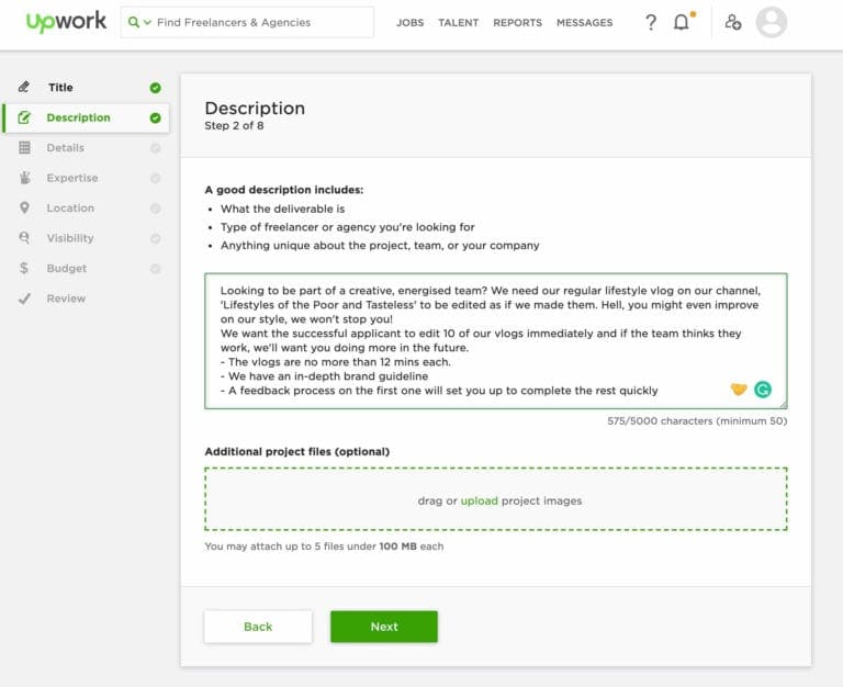 Hiring an editor on Upwork - Description